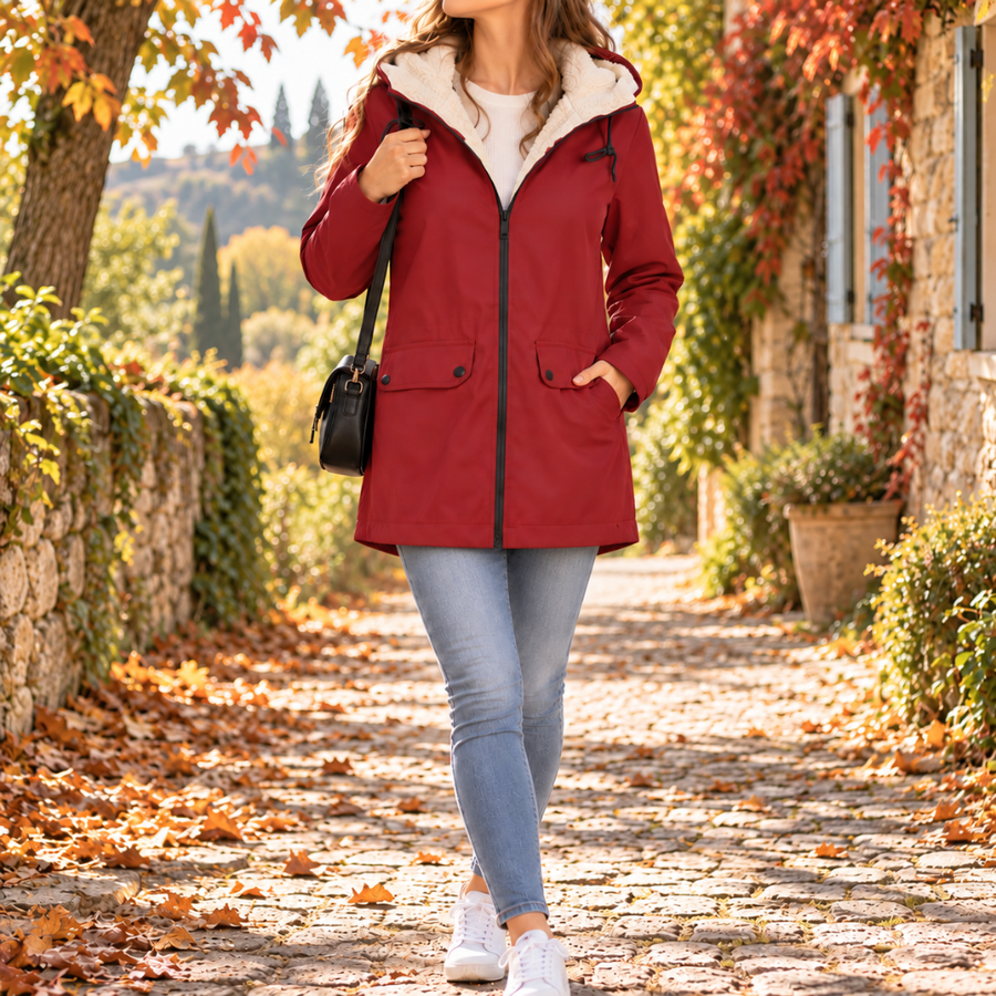 Parka longue rouge à capuche bordée moelleuse, zip noir, portée avec jean clair
