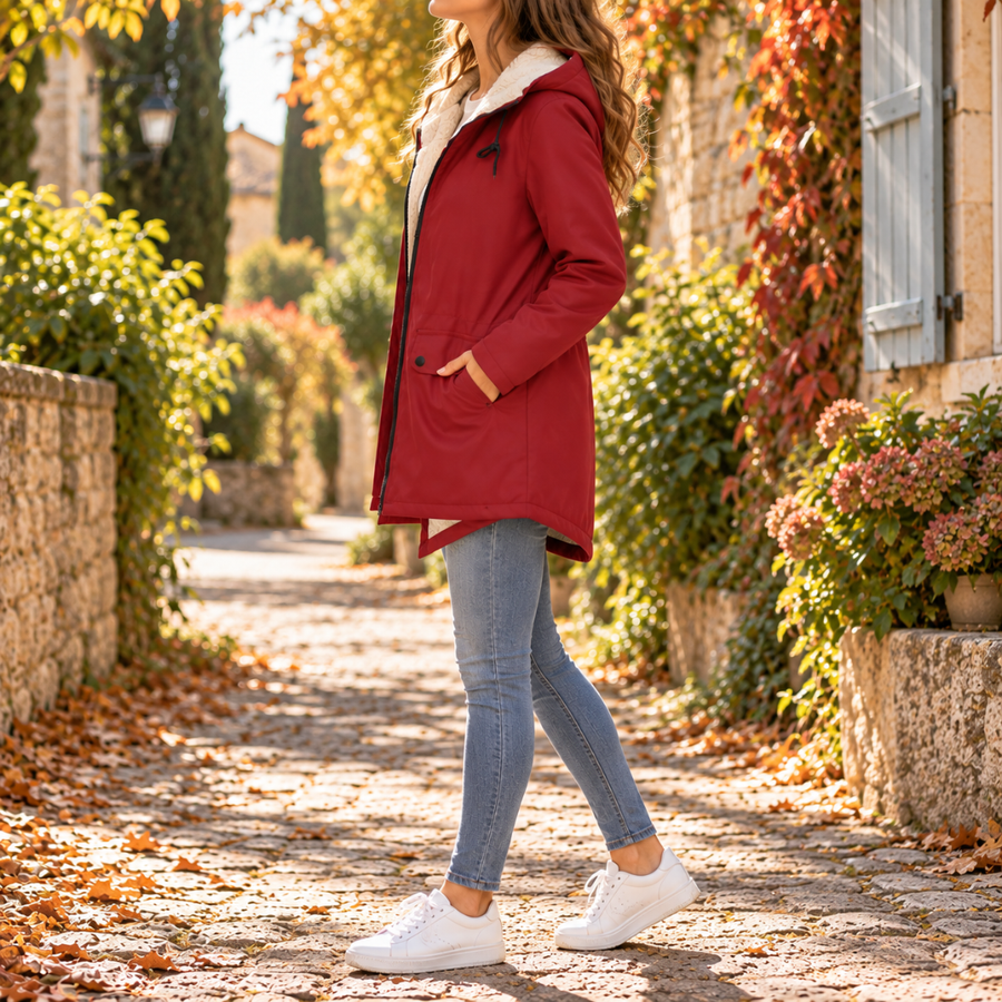 Vue de profil de la parka rouge femme, bas arrondi et poche à rabat
