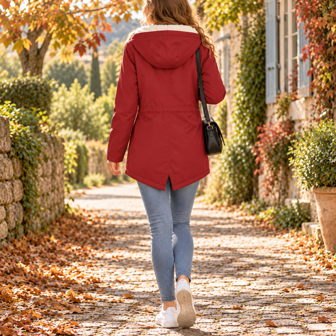Dos de la parka femme rouge avec capuche et cordon de resserrage à la taille