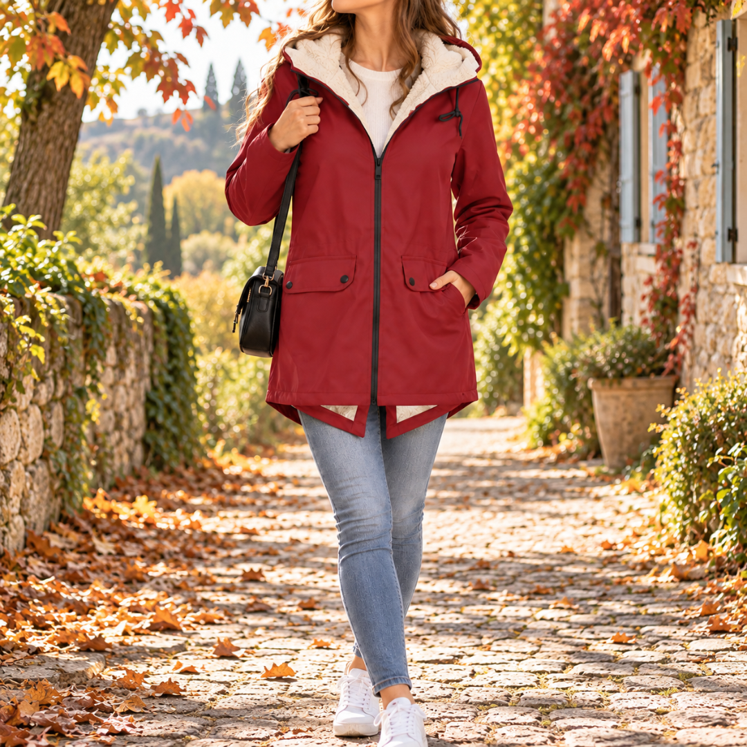 Parka rouge femme portée ouverte, intérieur crème visible et zip central noir