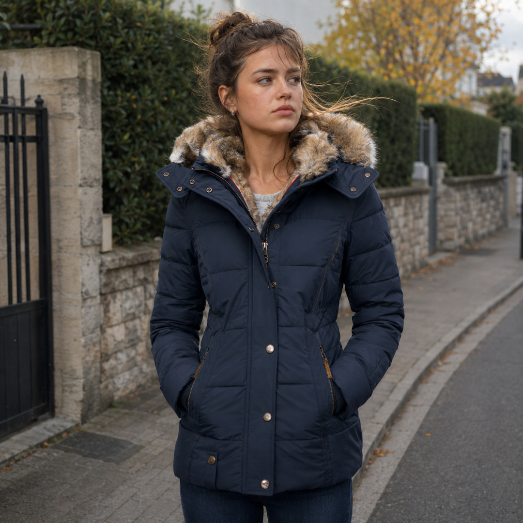 Parka femme bleu marine matelassée à capuche duveteuse et patte à pressions