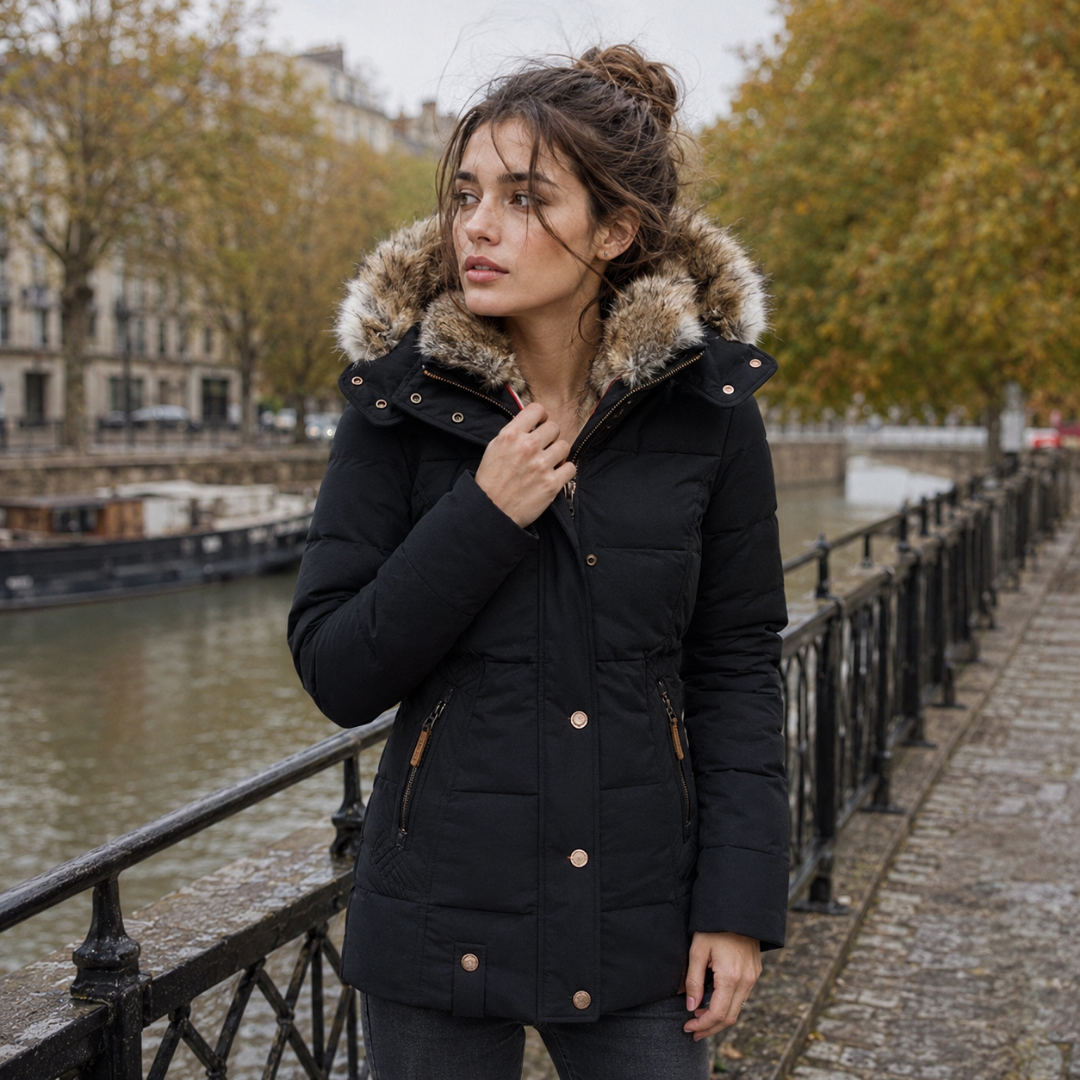 Parka femme noire matelassée, capuche bordée et poches latérales zippées