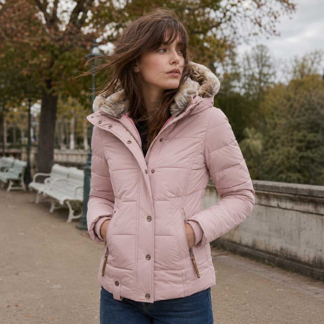 Parka femme rose pâle matelassée à capuche, poches zippées et taille marquée