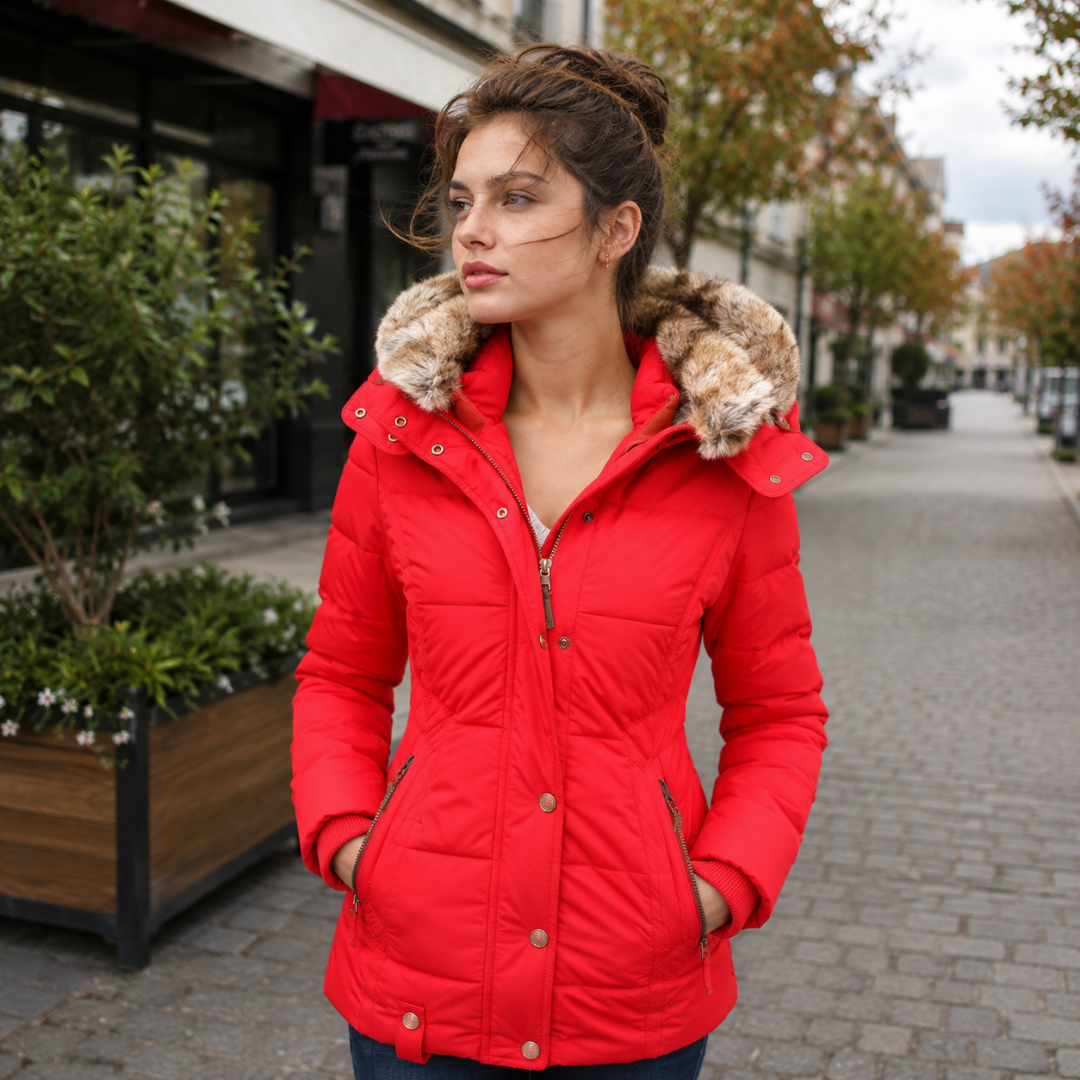 Parka femme rouge matelassée à capuche et bordure duveteuse, boutons-pression dorés