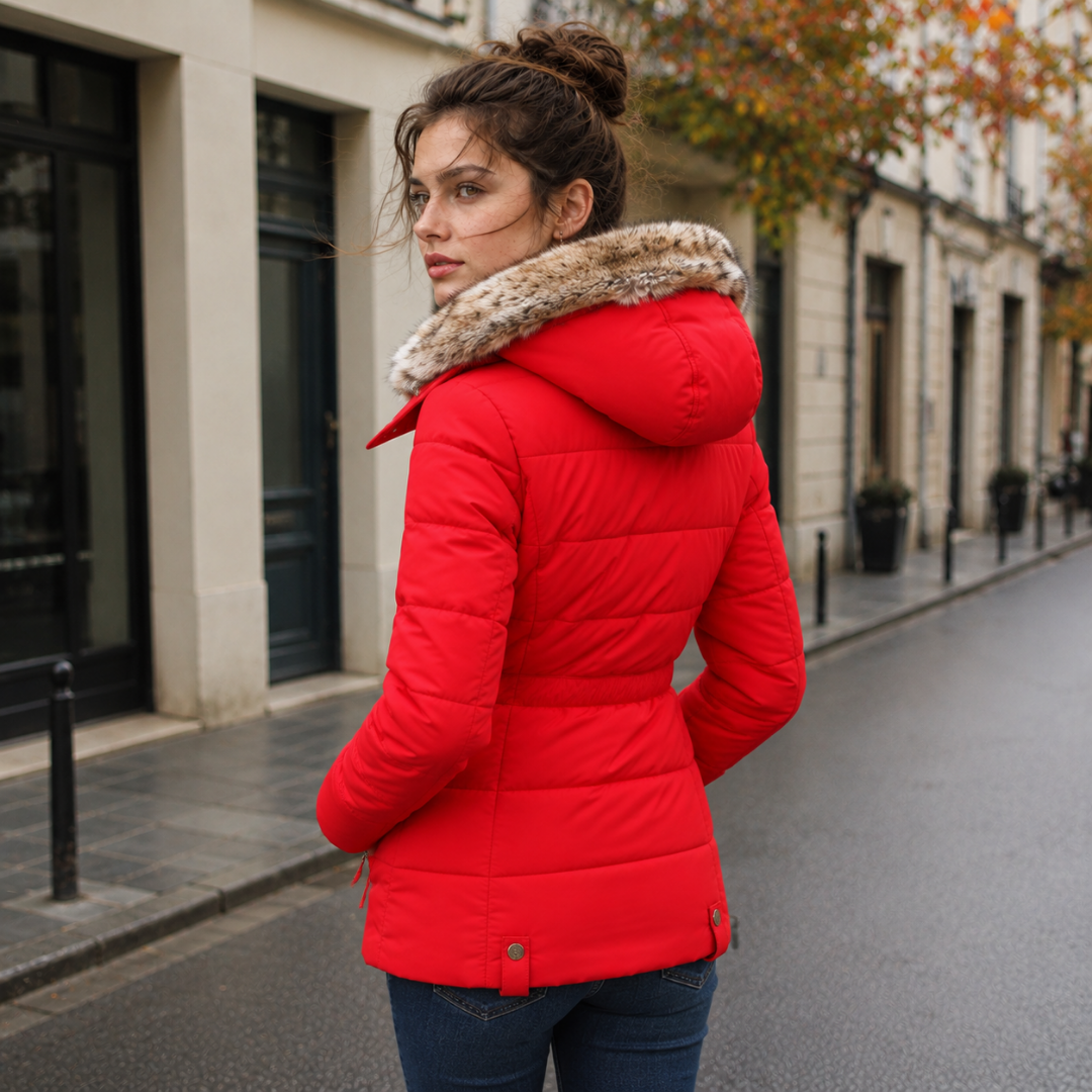 Dos de la parka femme rouge, capuche rabattue et surpiqûres matelassées