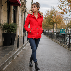 Femme en parka rouge matelassée, pantalon slim et bottines noires en ville
