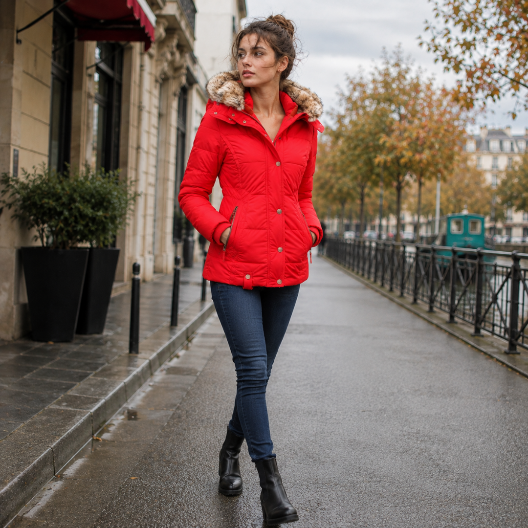 Femme en parka rouge matelassée, pantalon slim et bottines noires en ville