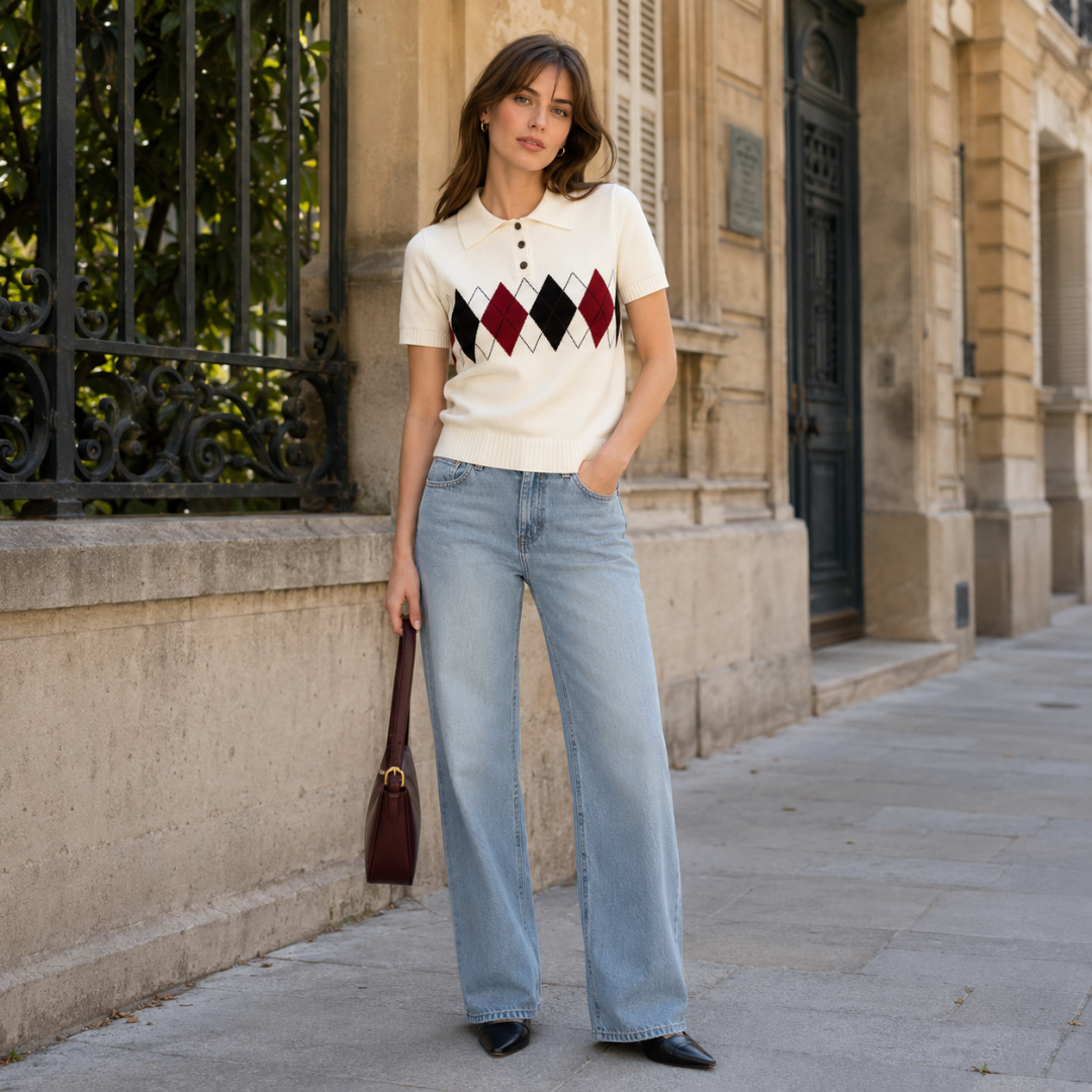 Polo femme blanc en maille, losanges rouges et noirs sur le buste, col boutonné