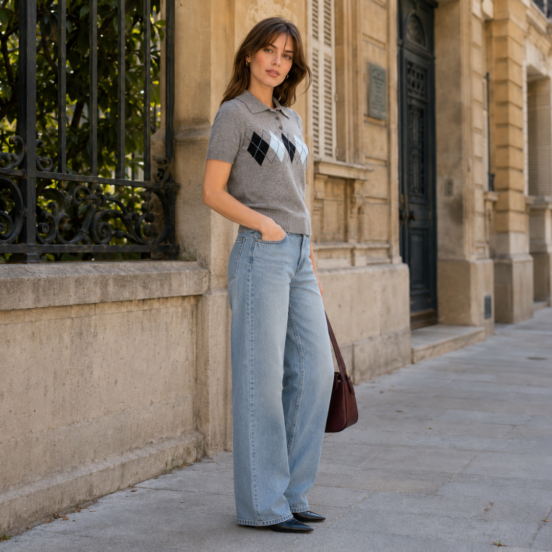 Polo gris en maille fine de trois quarts, manches courtes à bords côtelés