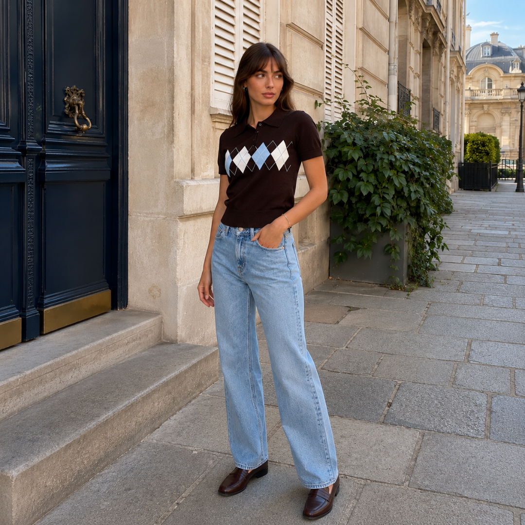 Polo marron en maille porté rentré, motif losanges centré et manches courtes