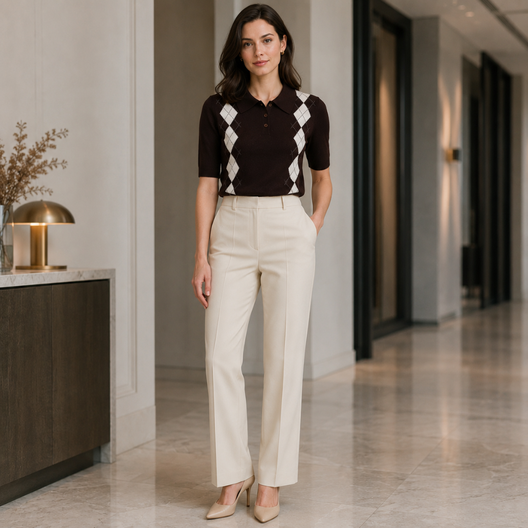 Polo femme marron manches courtes, patte à trois boutons, avec pantalon beige droit