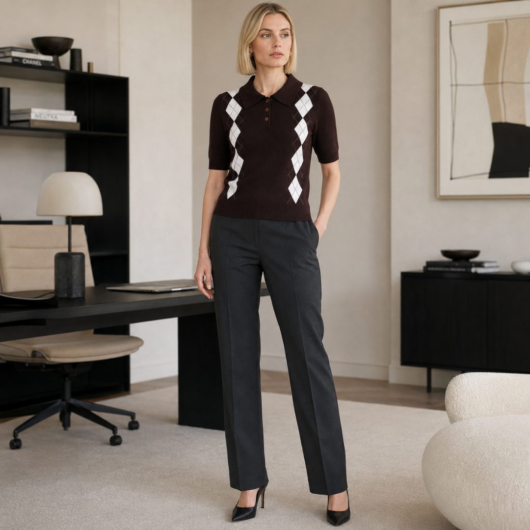 Polo marron col pointes et bord côtelé à la taille, pantalon gris foncé
