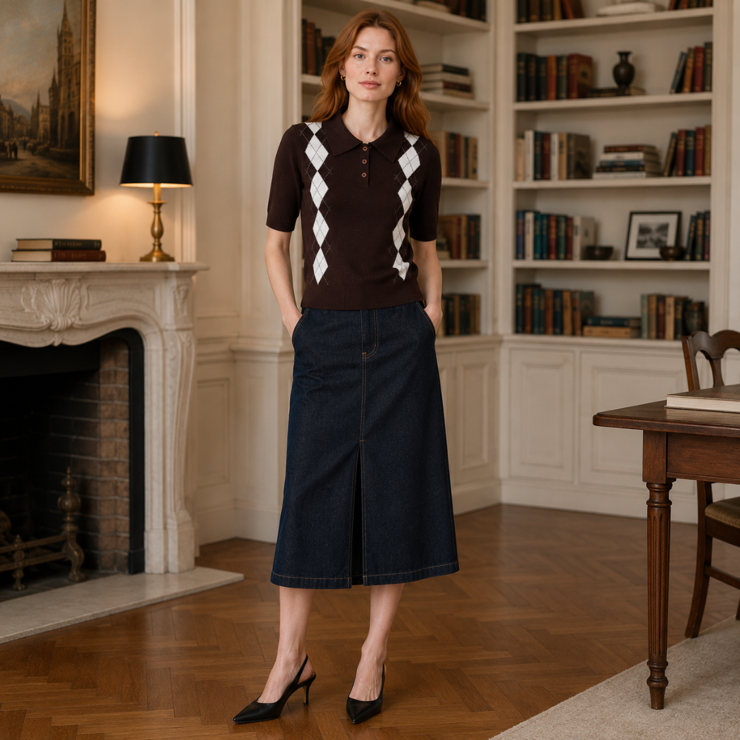 Polo femme marron à motif géométrique blanc, porté avec une jupe midi foncée