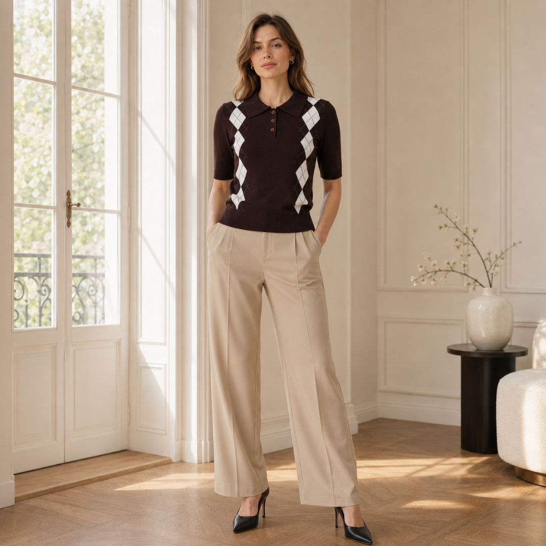 Polo marron manches courtes en maille fine, silhouette ajustée et pantalon large clair