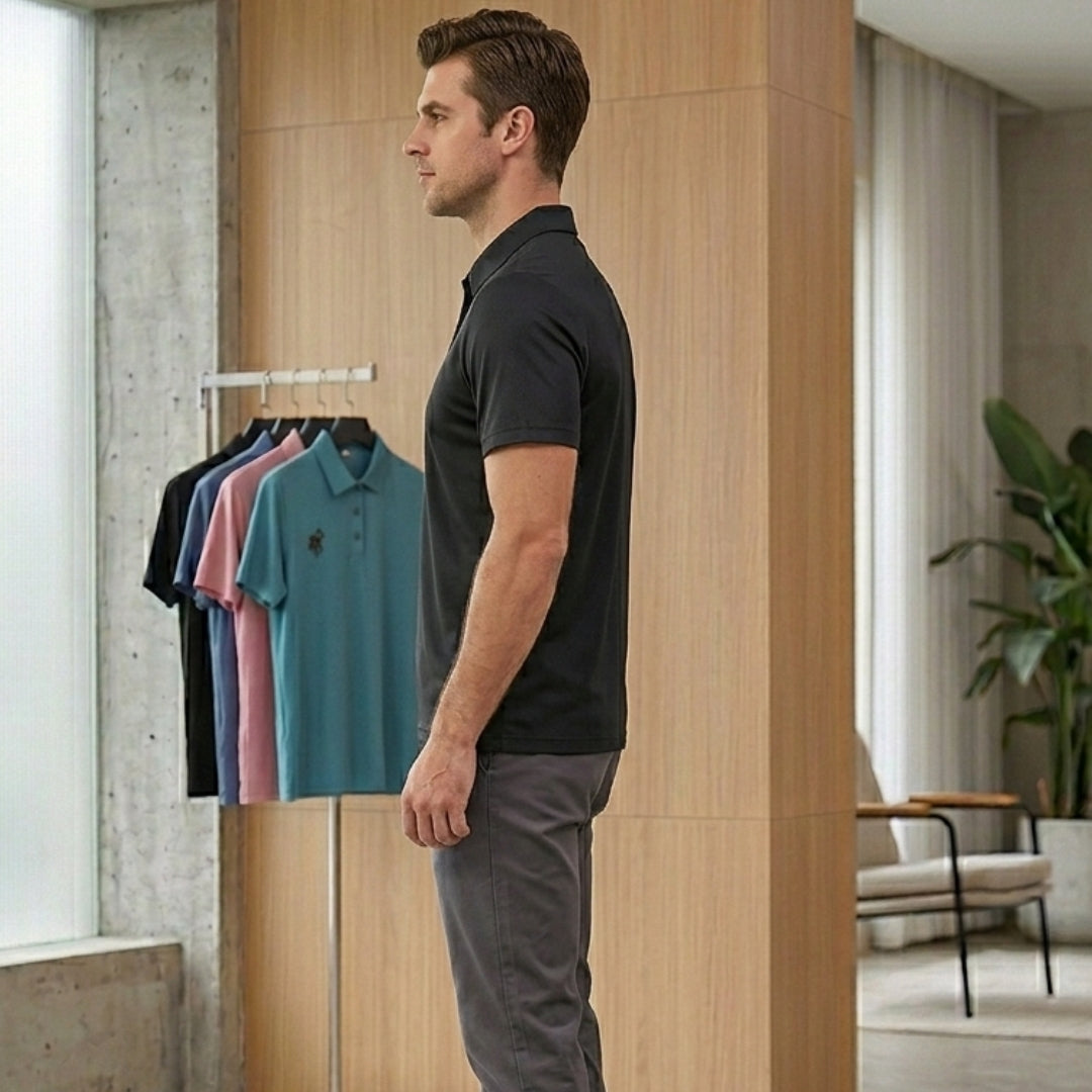 Polo homme noir col boutonné, vue de profil avec rack coloré en arrière-plan