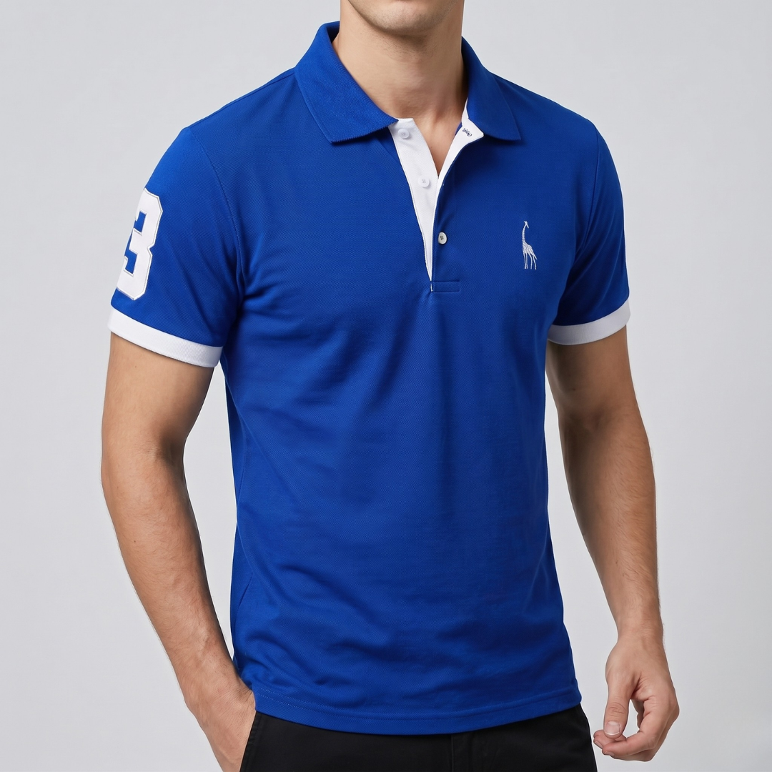 Polo homme bleu vif avec col et manchettes contrastés, vue de face