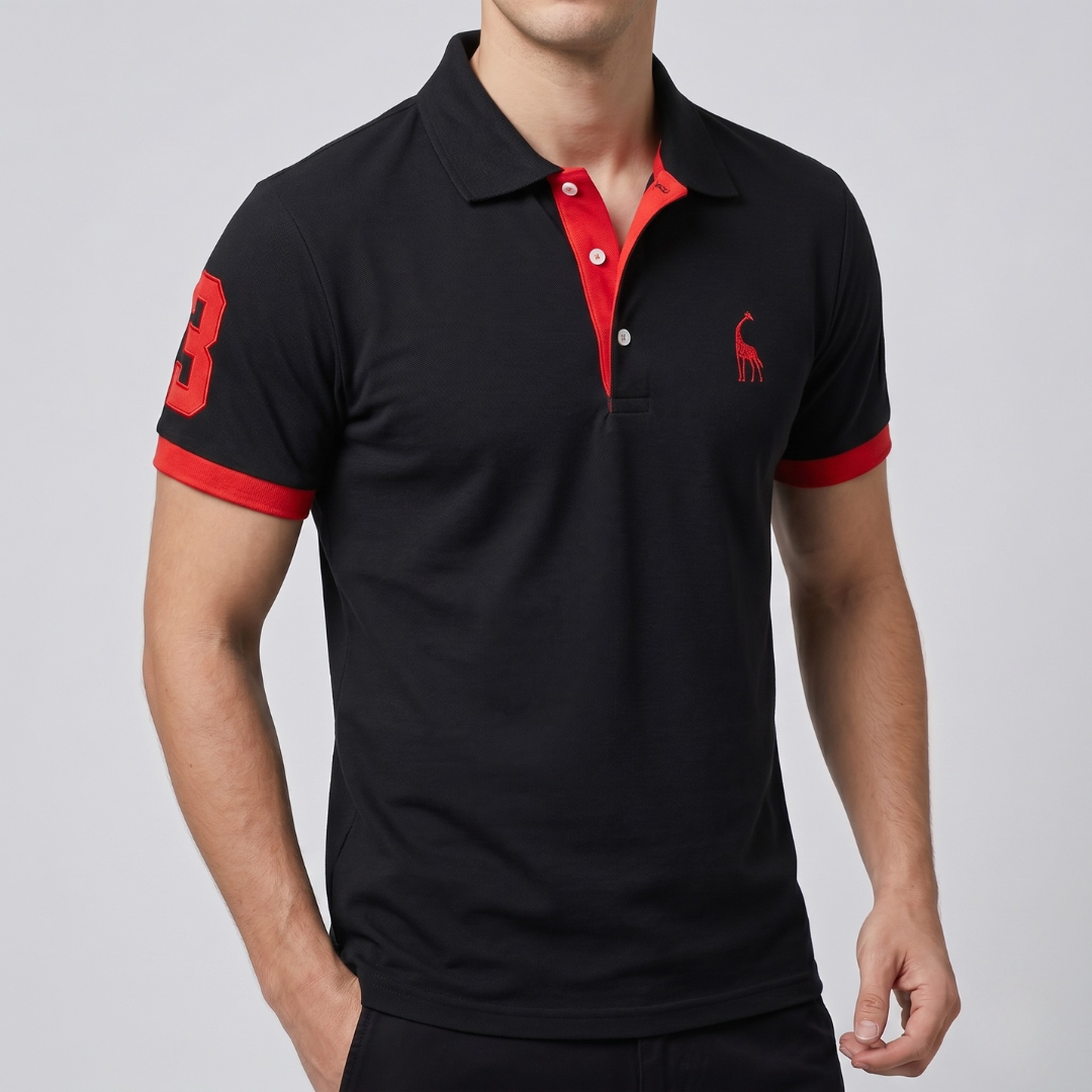 Polo homme noir avec finitions contrastées, vue de face