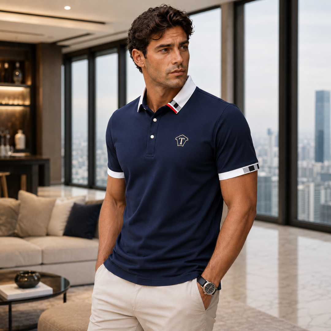 Polo homme bleu marine col blanc contrasté vue de face fond neutre