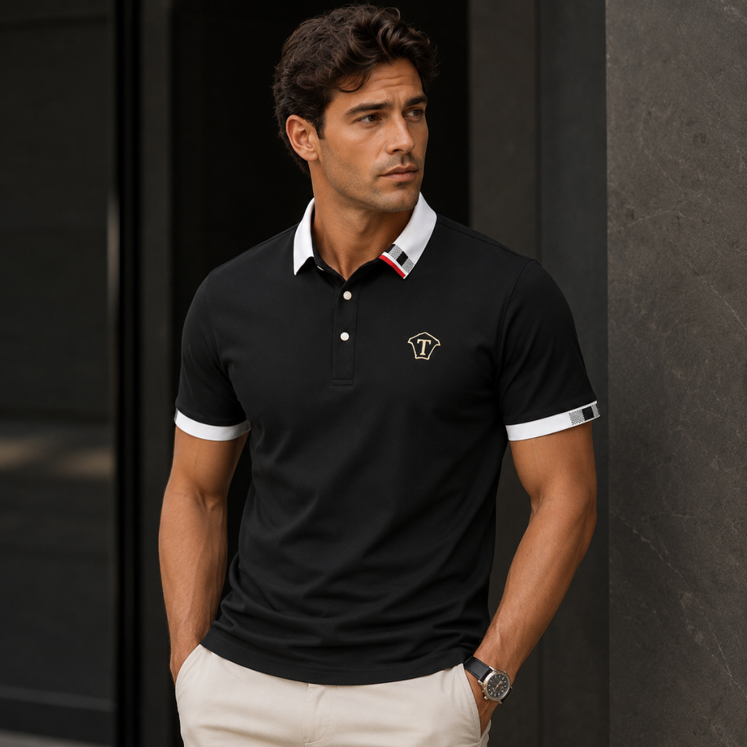Polo homme noir col blanc contrasté bande tricolore, vue de face