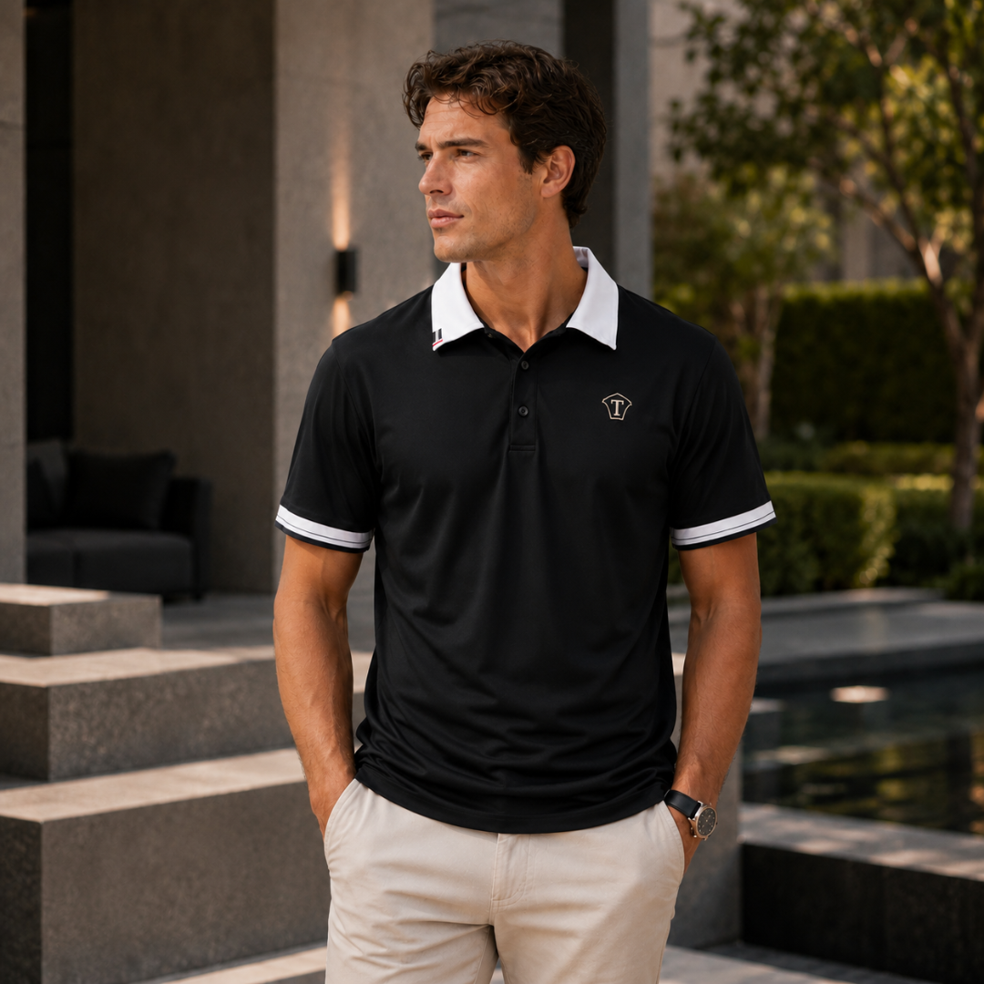 Polo homme noir col et poignets blancs porté en extérieur au crépuscule