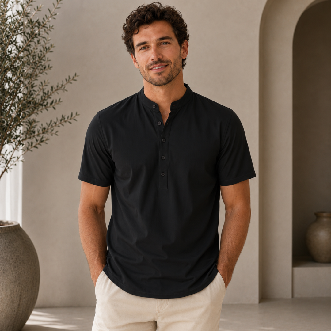 Polo homme noir col mao manches courtes, basique moderne pour l'été
