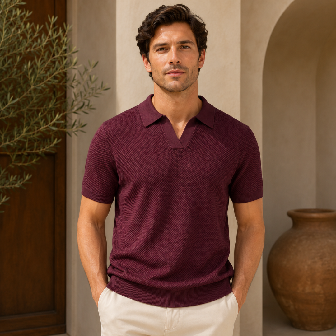 Polo homme tricoté texturé col ouvert bordeaux, vue de face
