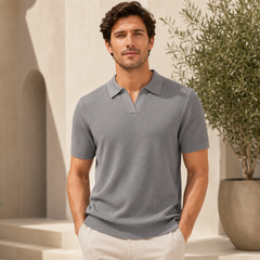 Polo homme col ouvert tricoté gris foncé, vue de face