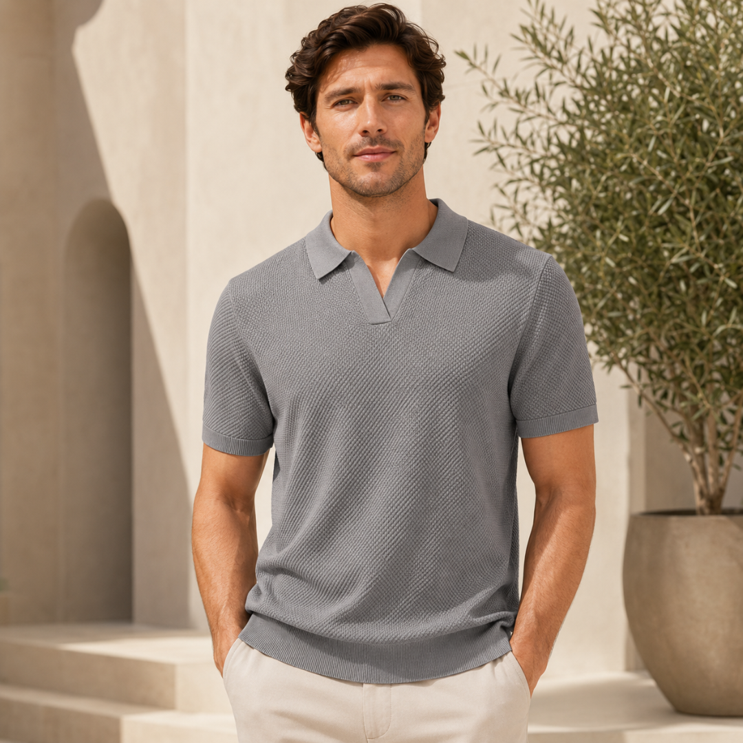 Polo homme col ouvert tricoté gris foncé, vue de face