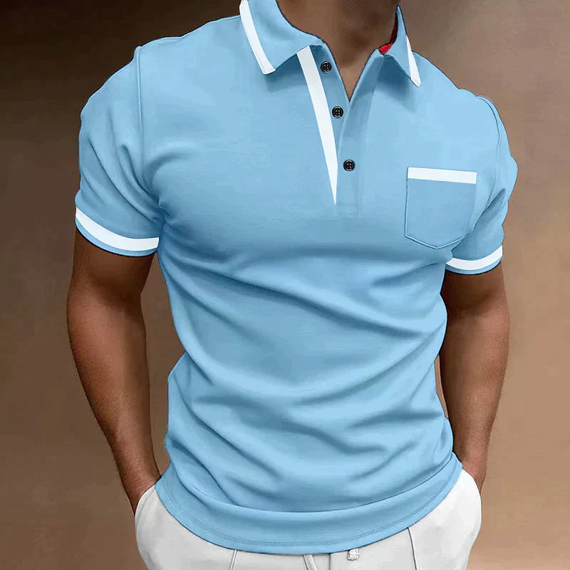 Polo homme bleu ciel col polo poche poitrine, vue de face