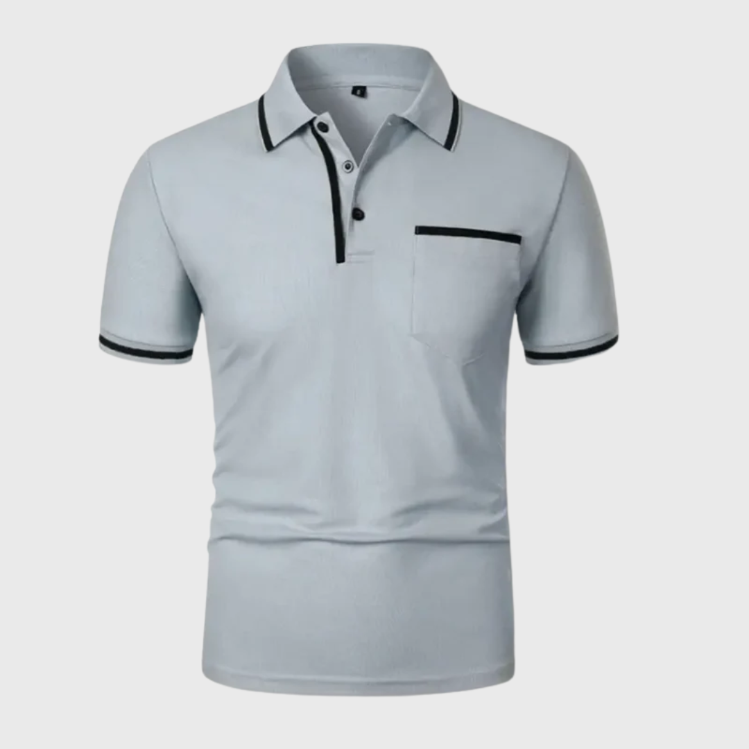 Polo homme gris vue de dos avec bandes contrastées aux manches