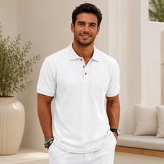 Polo homme blanc à texture gaufrée, poche poitrine, manches courtes
