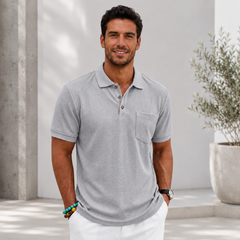 Polo homme gris clair gaufré, col polo classique, coupe décontractée