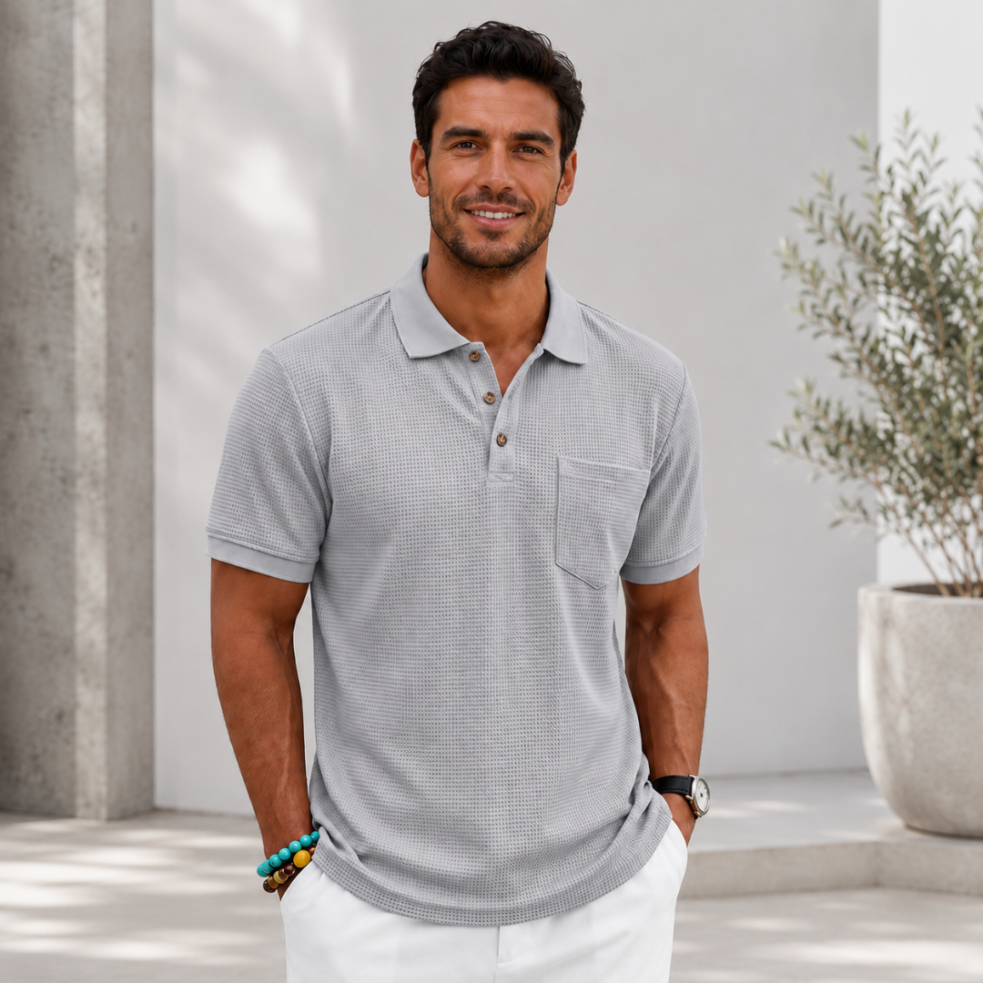 Polo homme gris clair gaufré, col polo classique, coupe décontractée