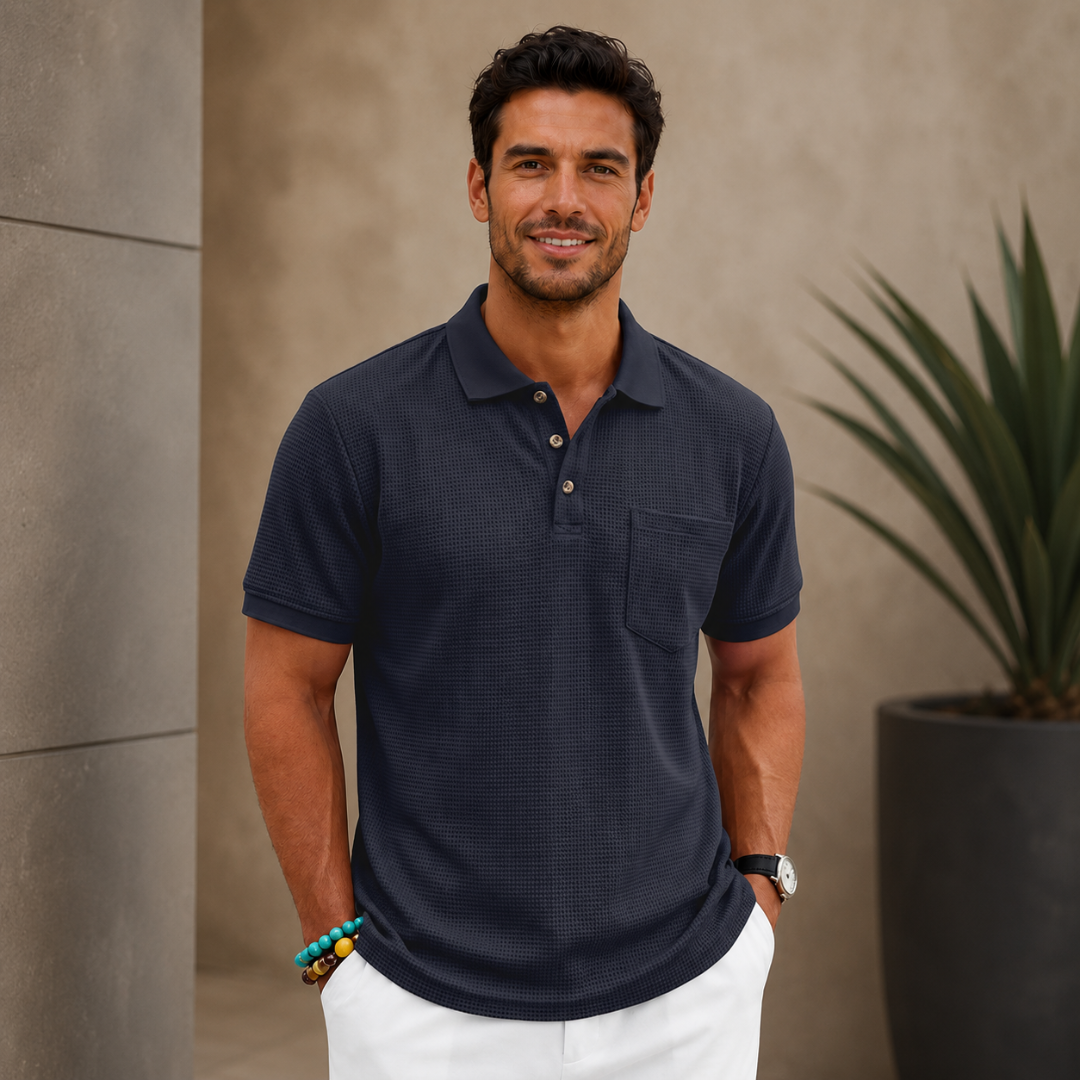 Polo homme bleu marine texturé, manches courtes, style casual été