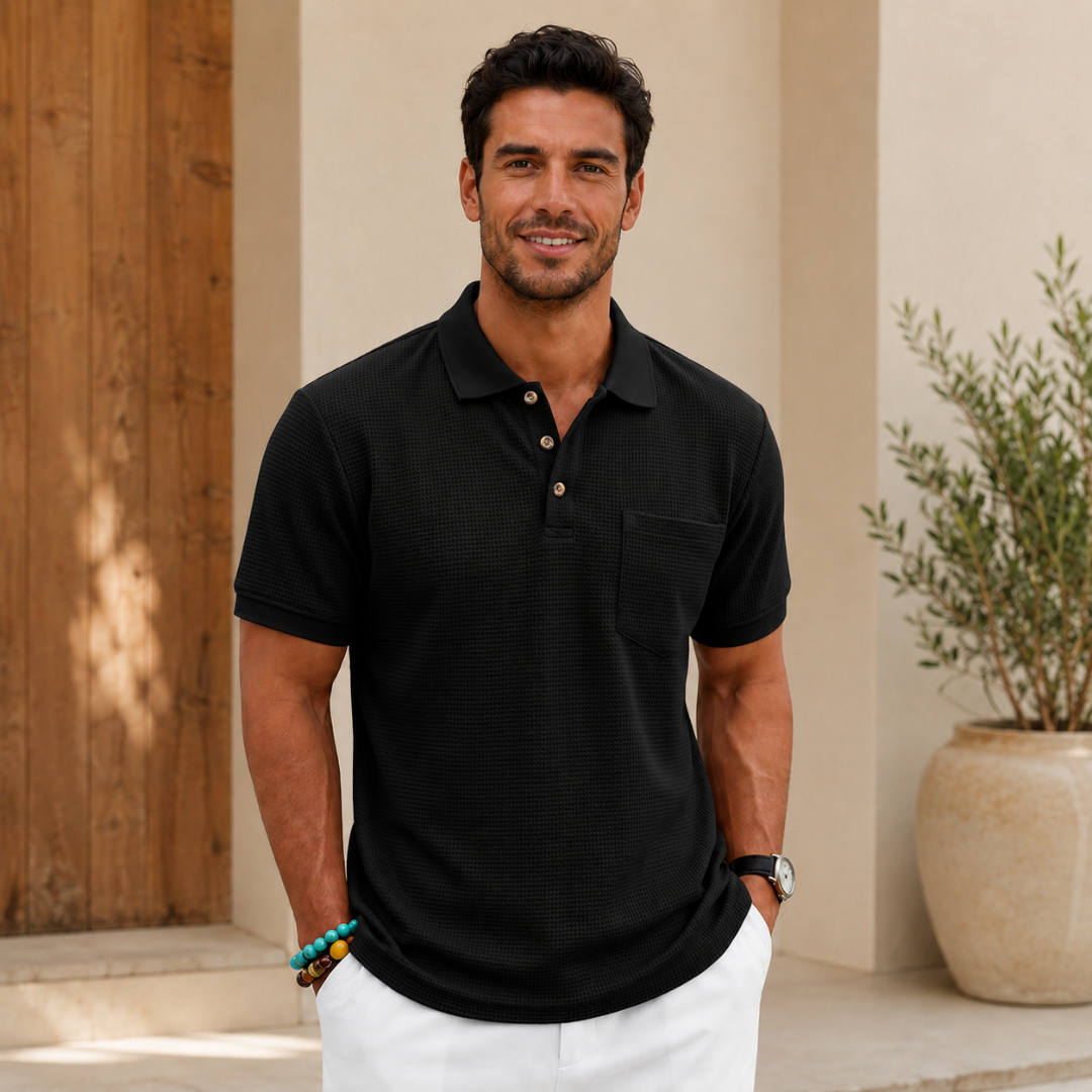Polo homme noir gaufré, col boutonné, coupe droite décontractée