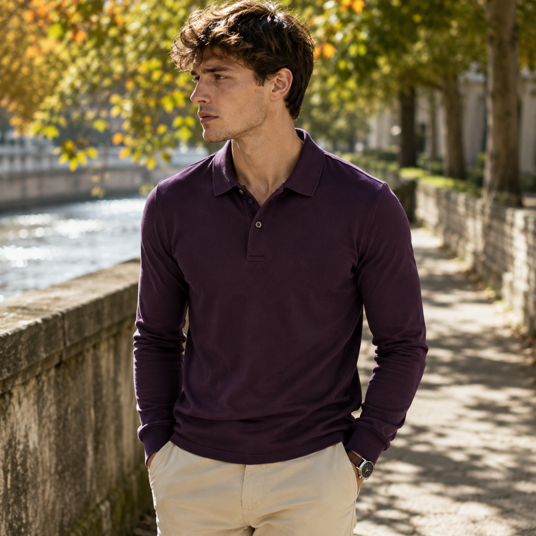 Polo homme bordeaux en maille, col à pointes et patte boutonnée, vue de face