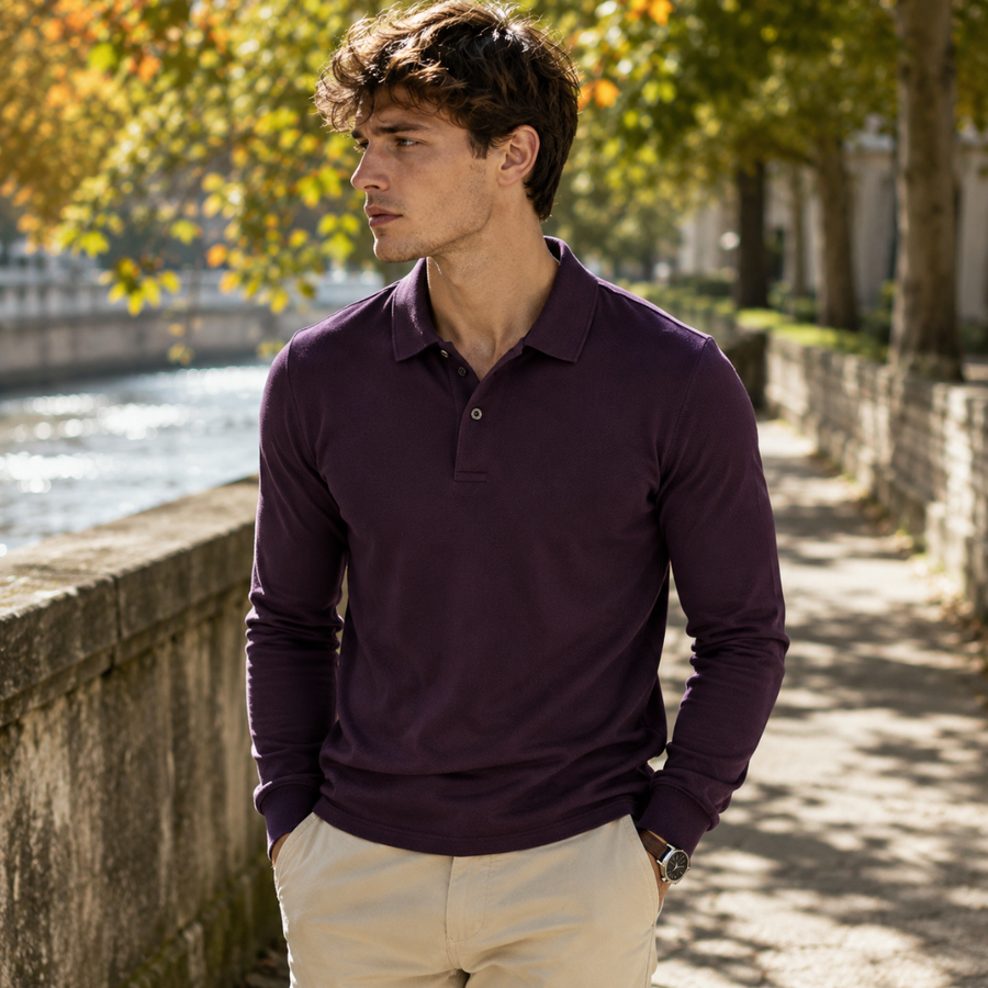 Polo homme bordeaux en maille, col à pointes et patte boutonnée, vue de face