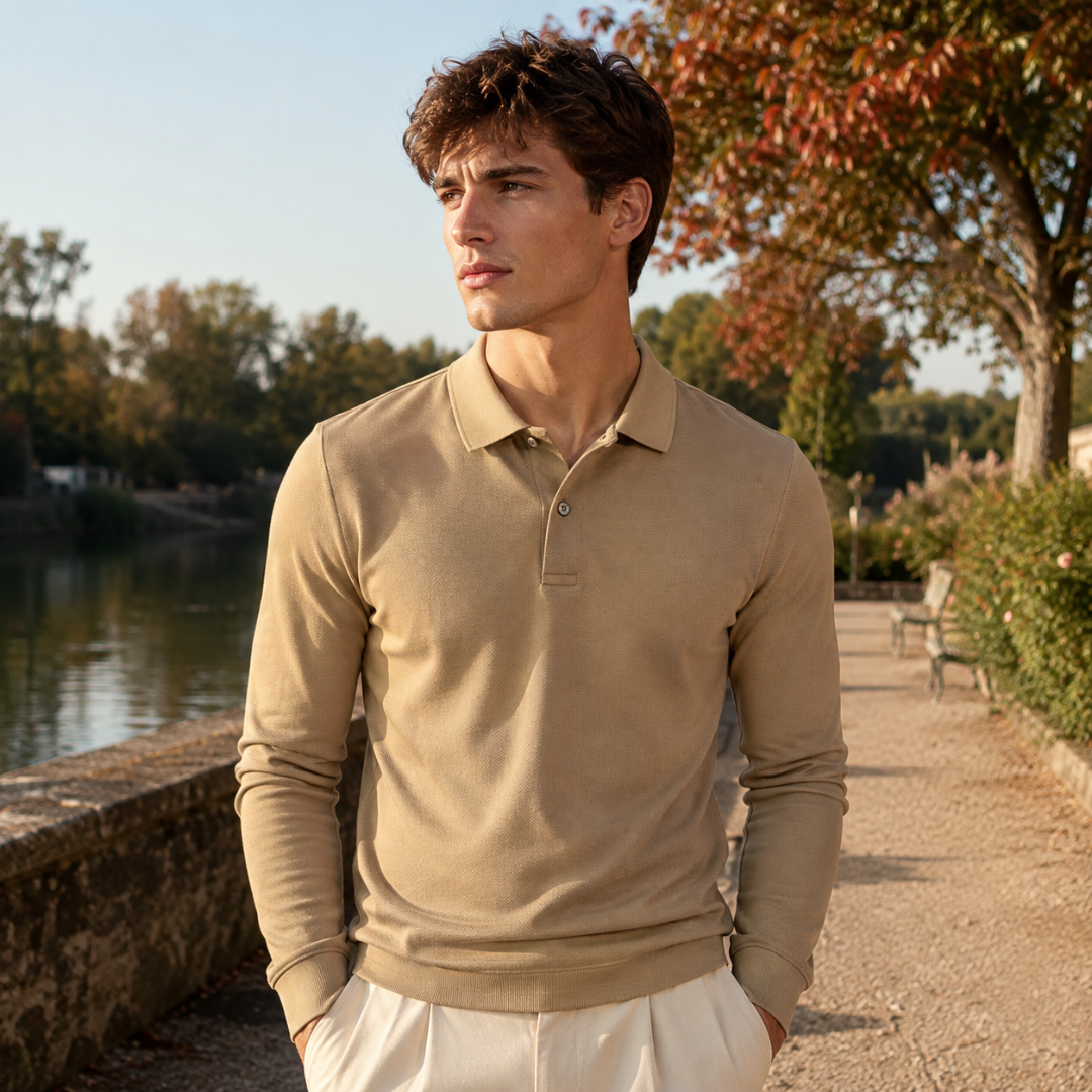 Polo homme kaki sable en maille avec col à pointes, vue de face