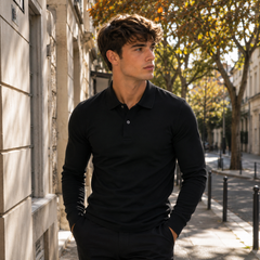 Polo homme noir à manches longues, patte boutonnée et bords côtelés