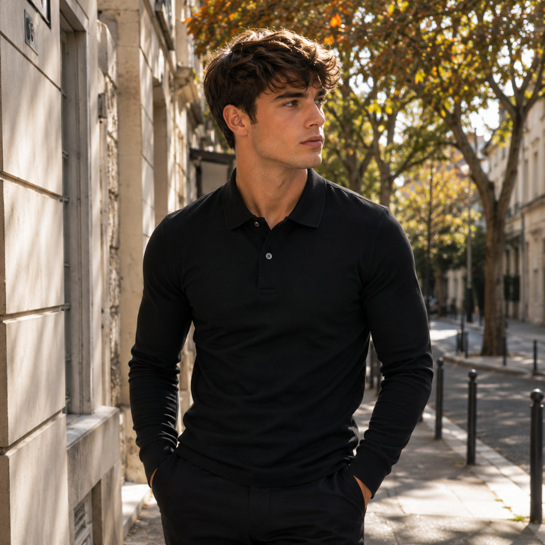 Polo homme noir à manches longues, patte boutonnée et bords côtelés