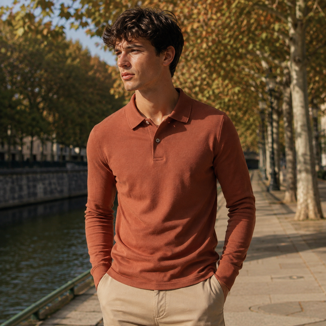 Polo homme terracotta à manches longues et patte à deux boutons, au bord du quai