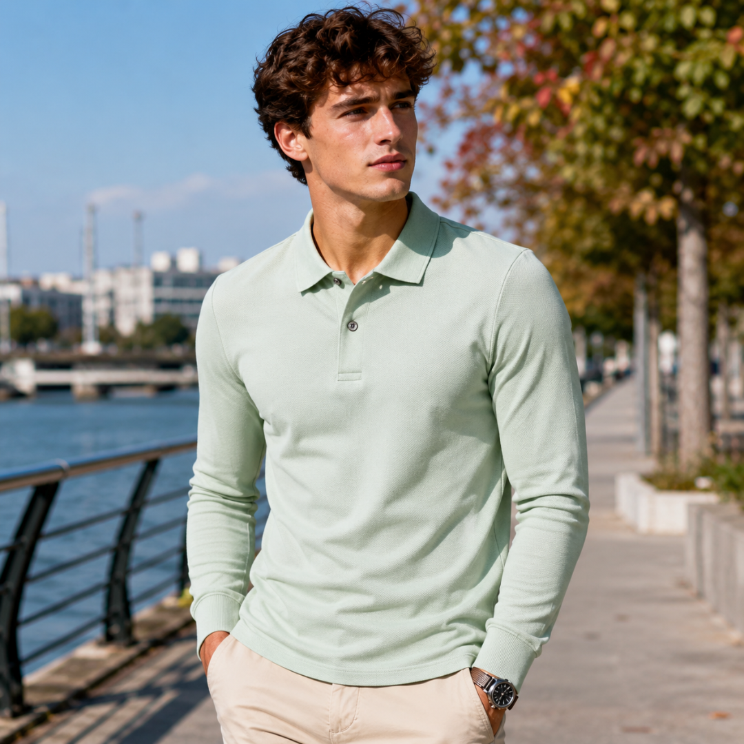 Polo homme vert clair menthe à col boutonné, porté avec un chino beige