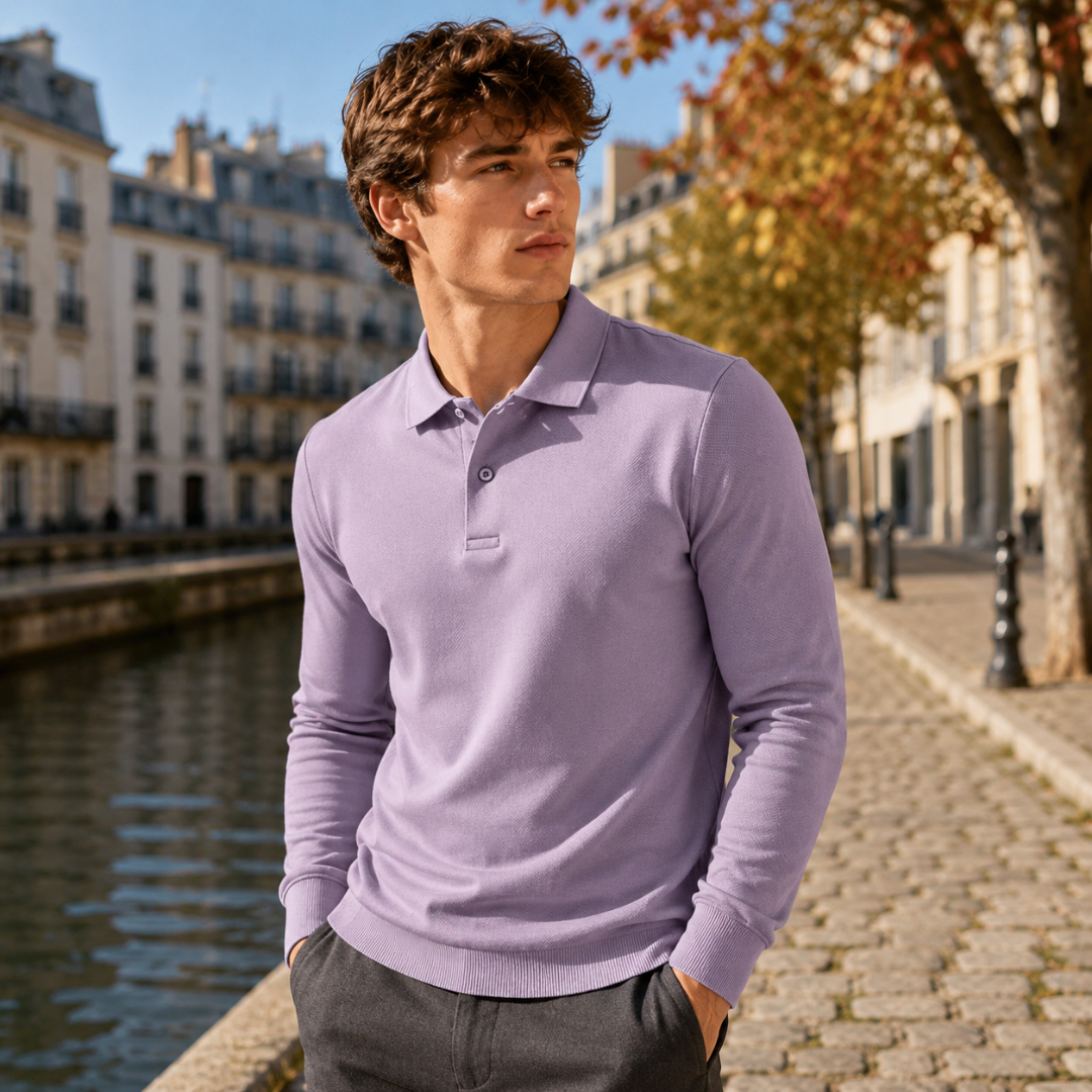 Polo homme violet lilas en maille, bas côtelé et manches longues