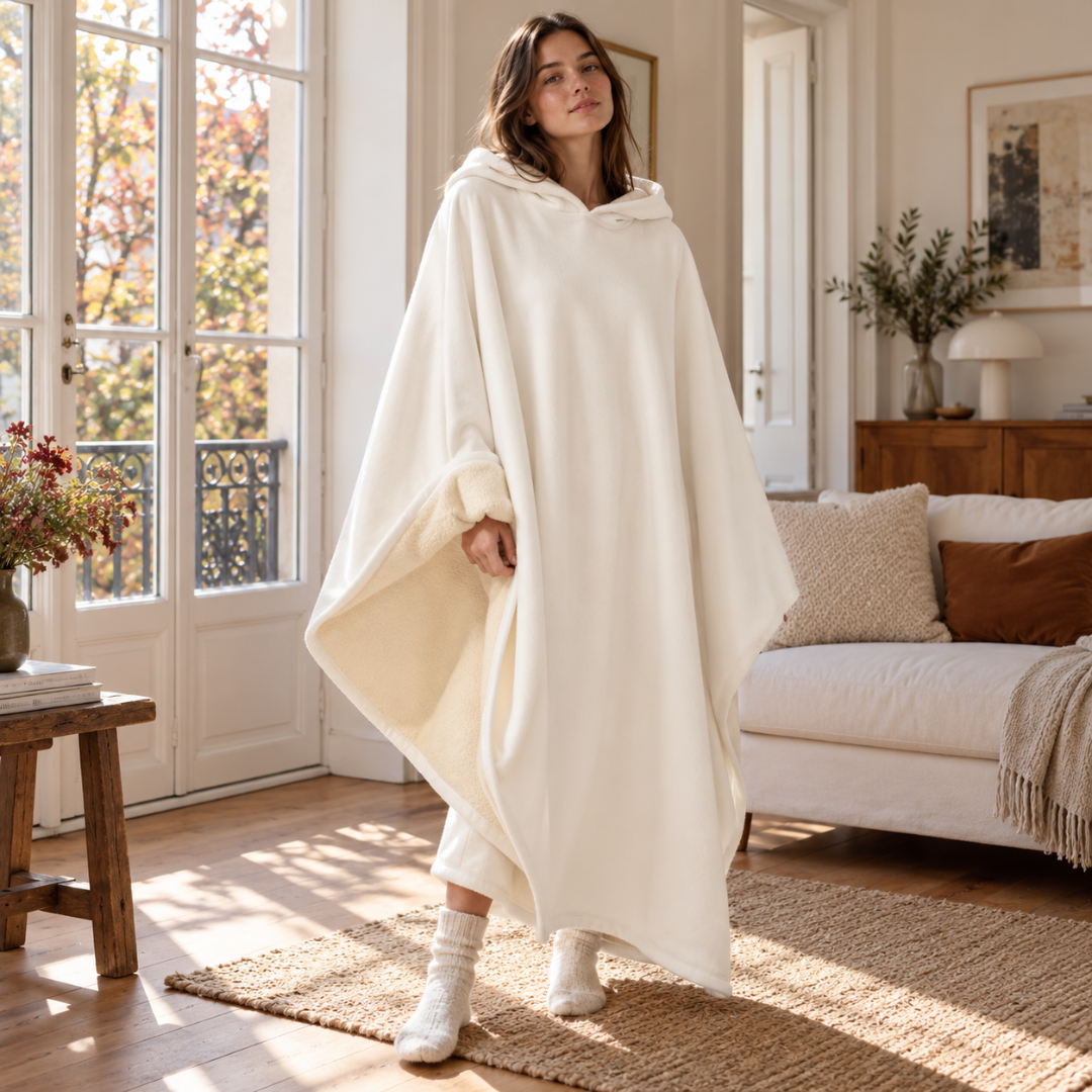 Poncho blanc à capuche, intérieur texturé apparent le long de l'ouverture