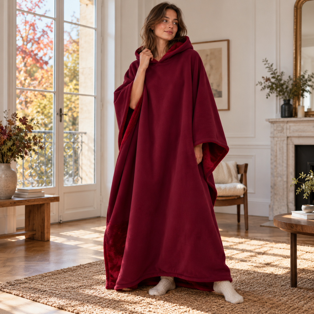 Poncho à capuche bordeaux porté debout, coupe longue ouverte sur les côtés