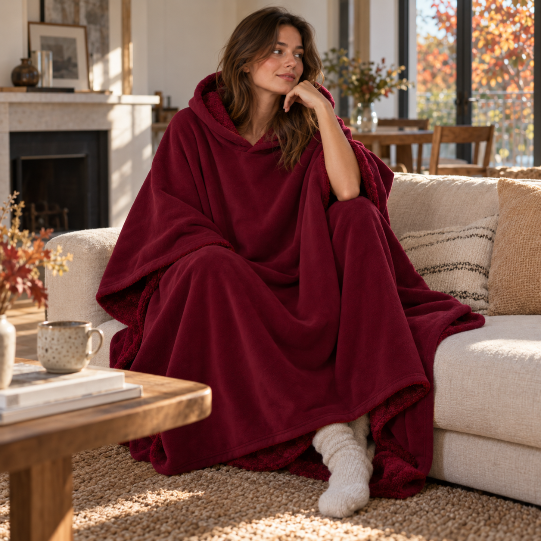 Poncho bordeaux à capuche porté assis sur un canapé, intérieur texturé visible