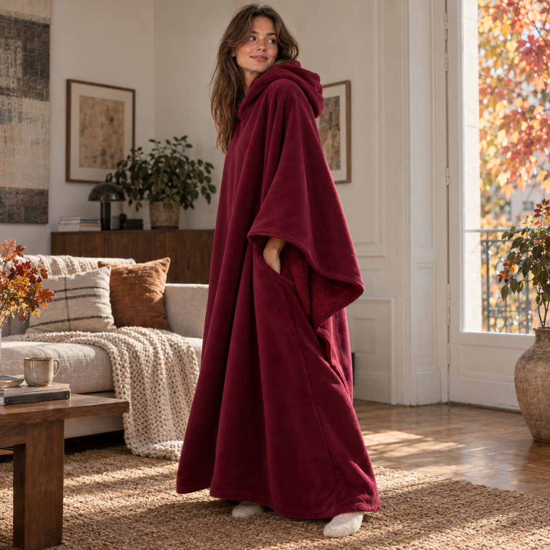 Poncho à capuche bordeaux de profil, ouverture latérale et bord contrasté