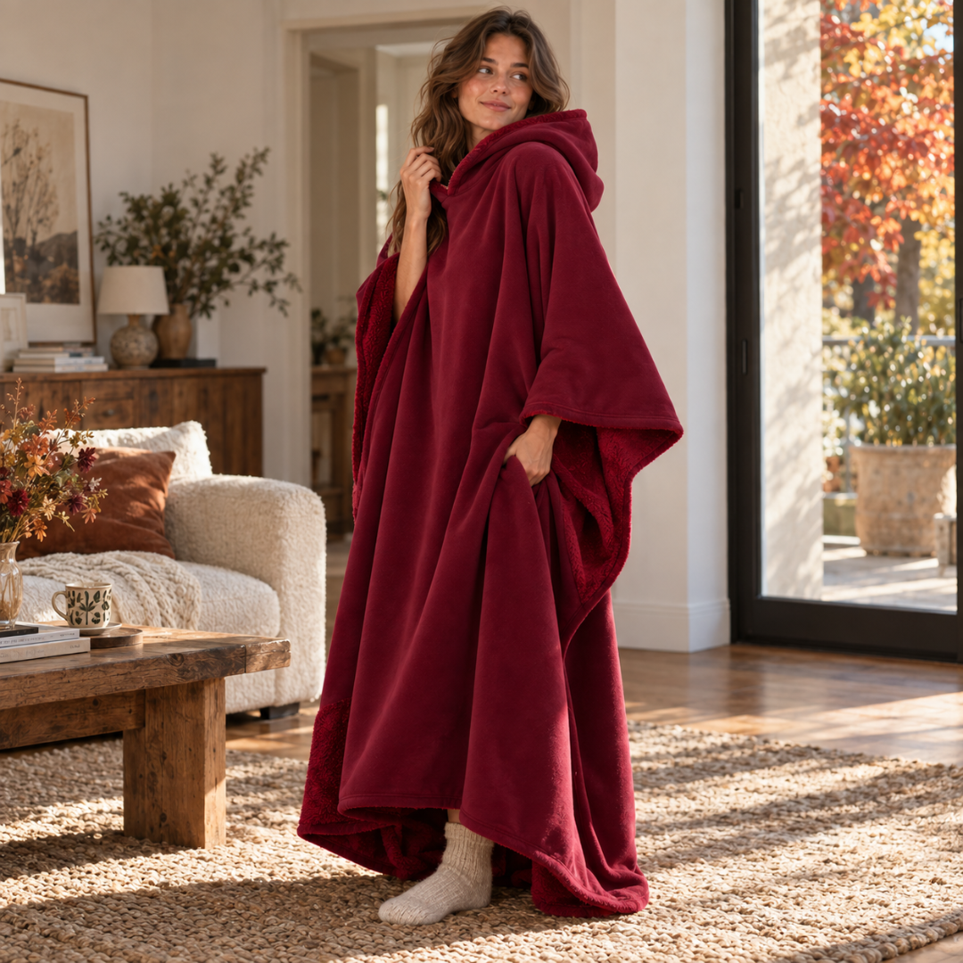 Poncho bordeaux à capuche doublée, pan relevé montrant la doublure bouclée