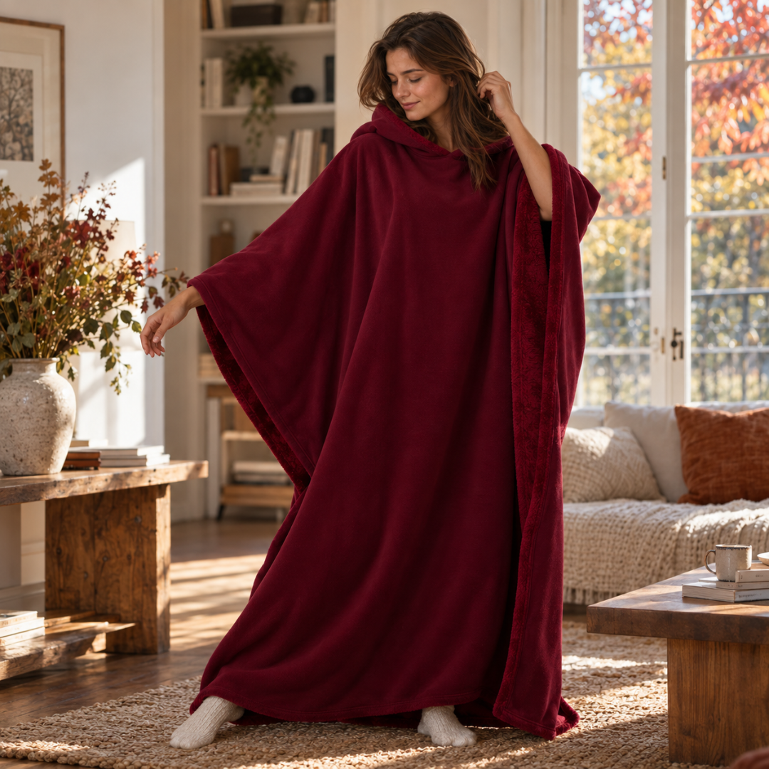 Poncho bordeaux à capuche déployé, bras écartés révélant la coupe très ample