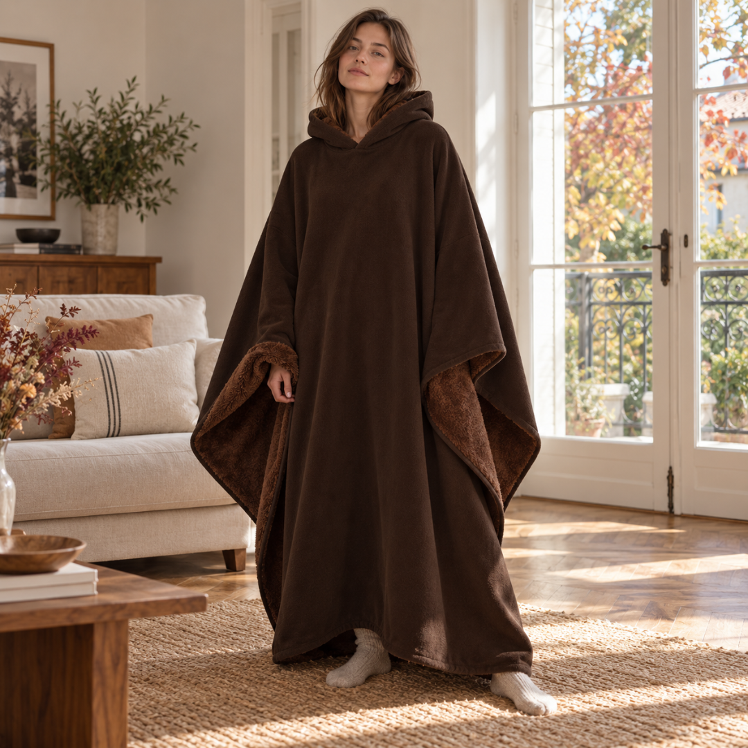 Poncho marron moka à capuche, bords intérieurs texturés et coupe très longue
